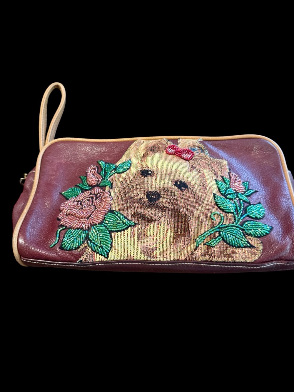 Isabella Fiore wristlet beaded embroidered Yorkshire Terrier on a maroon leather